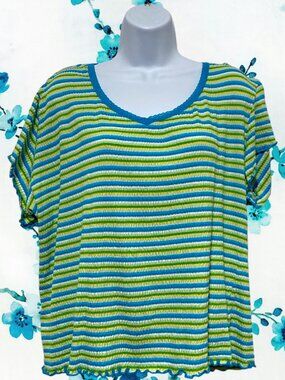 Faded Glory-Women's XL Pullover Stretch Top Striped Short Sleeve V-Neckline